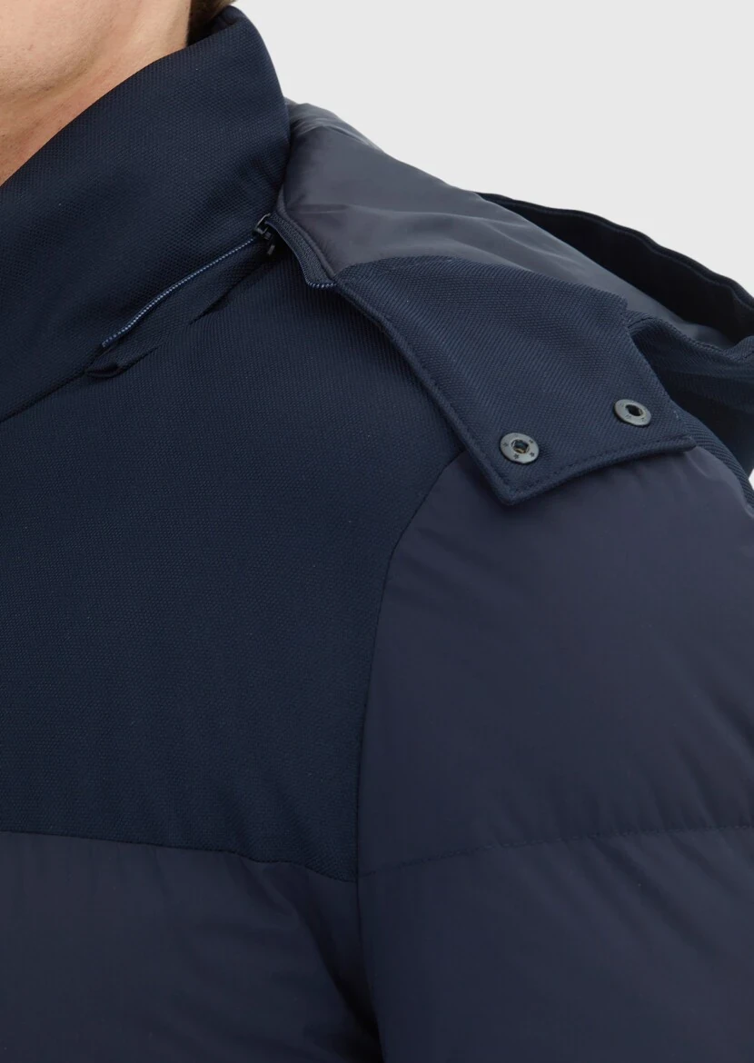 Navy Blue Regular Fit Classical Weaving Removable Hood Coat - 5