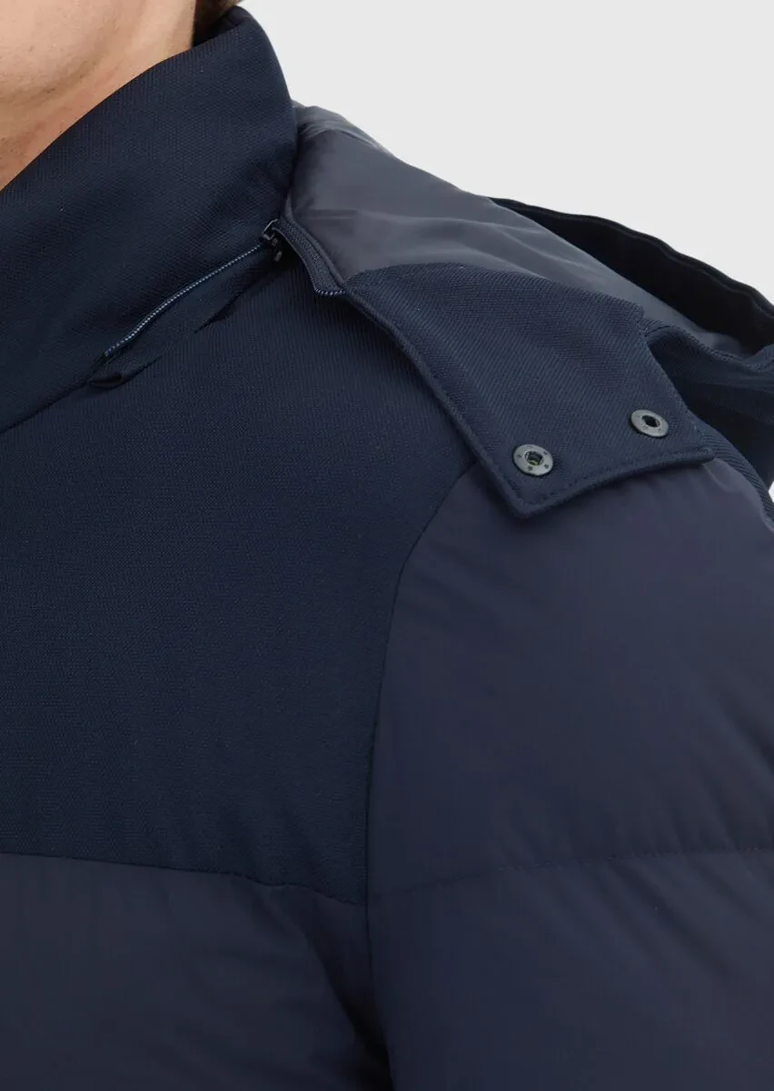 Navy Blue Regular Fit Classical Weaving Removable Hood Coat - 5