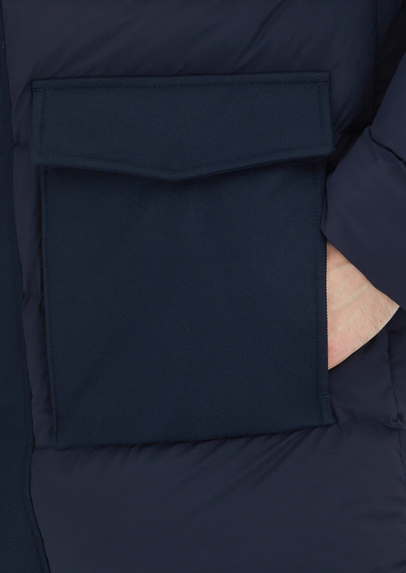 Navy Blue Regular Fit Classical Weaving Removable Hood Coat - 6