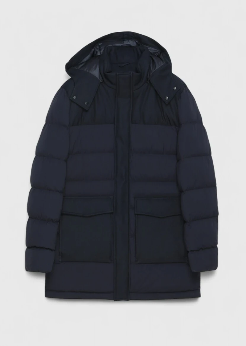 Navy Blue Regular Fit Classical Weaving Removable Hood Coat - 8