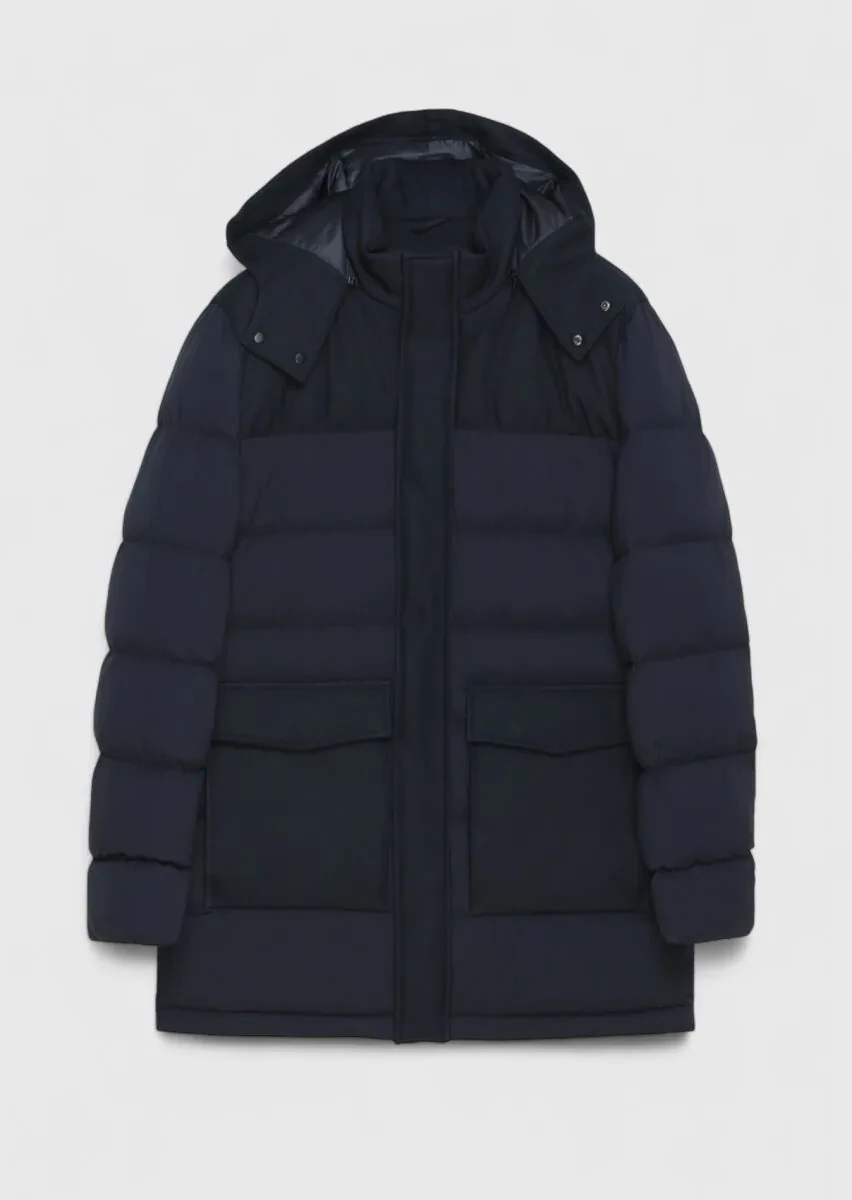 Navy Blue Regular Fit Classical Weaving Removable Hood Coat - 8