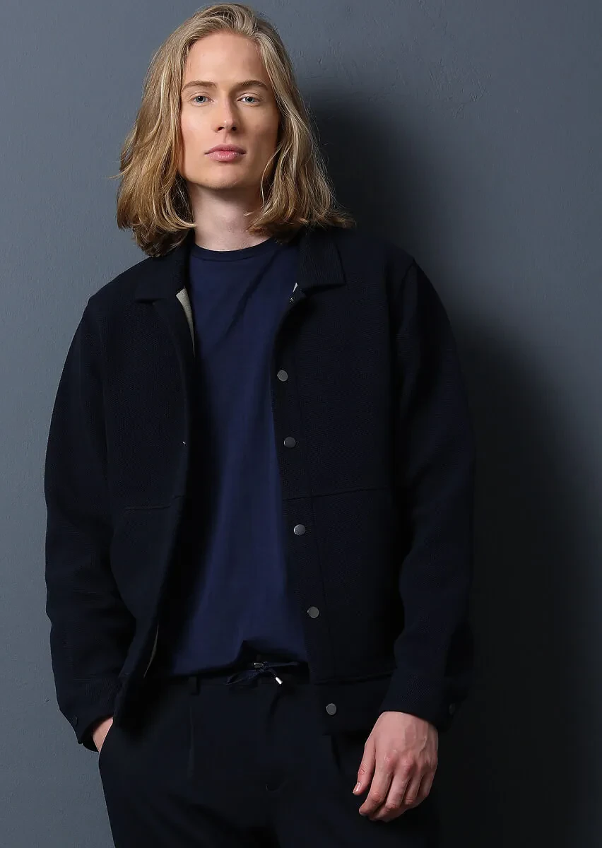 Navy Blue Regular Fit Cotton Blended Blazer - 1