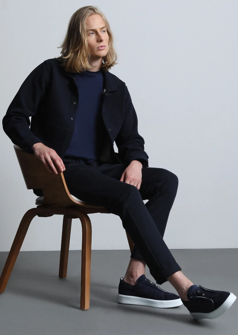 Navy Blue Regular Fit Cotton Blended Blazer - 2