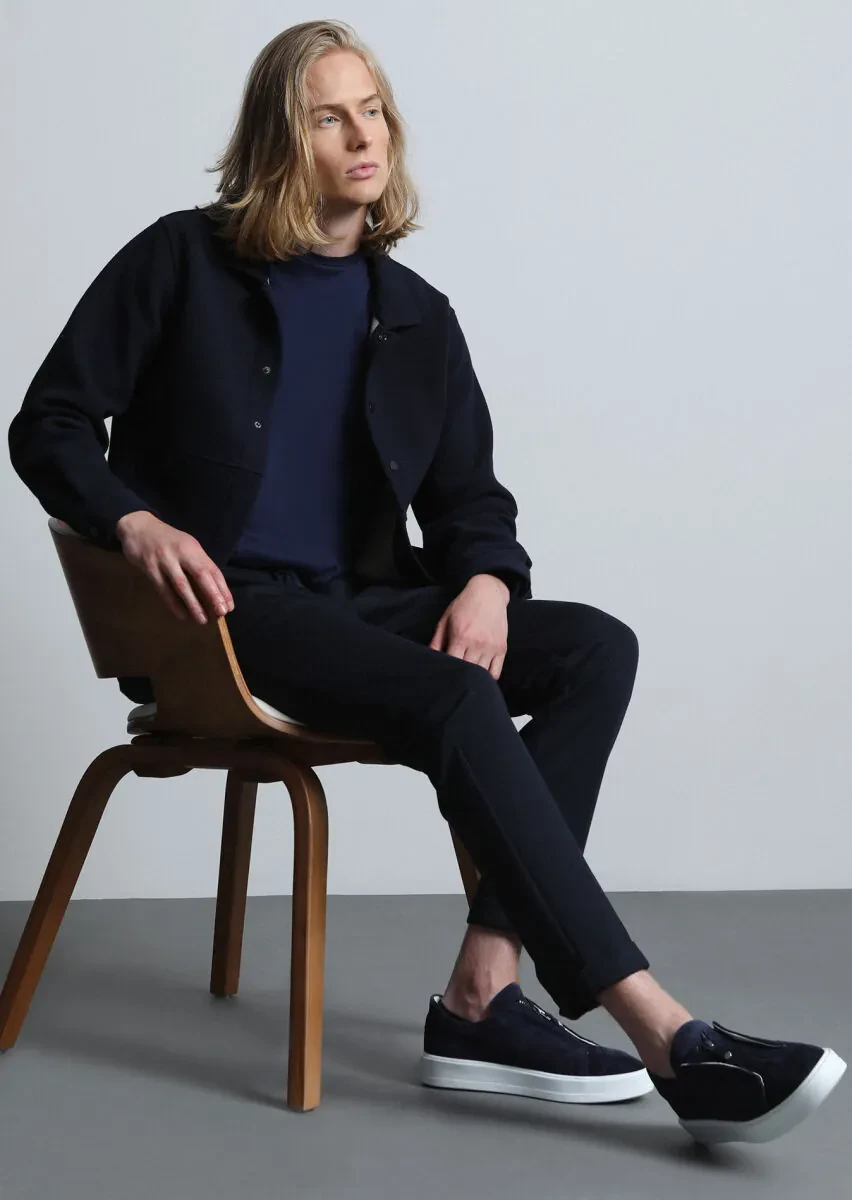 Navy Blue Regular Fit Cotton Blended Blazer - 2