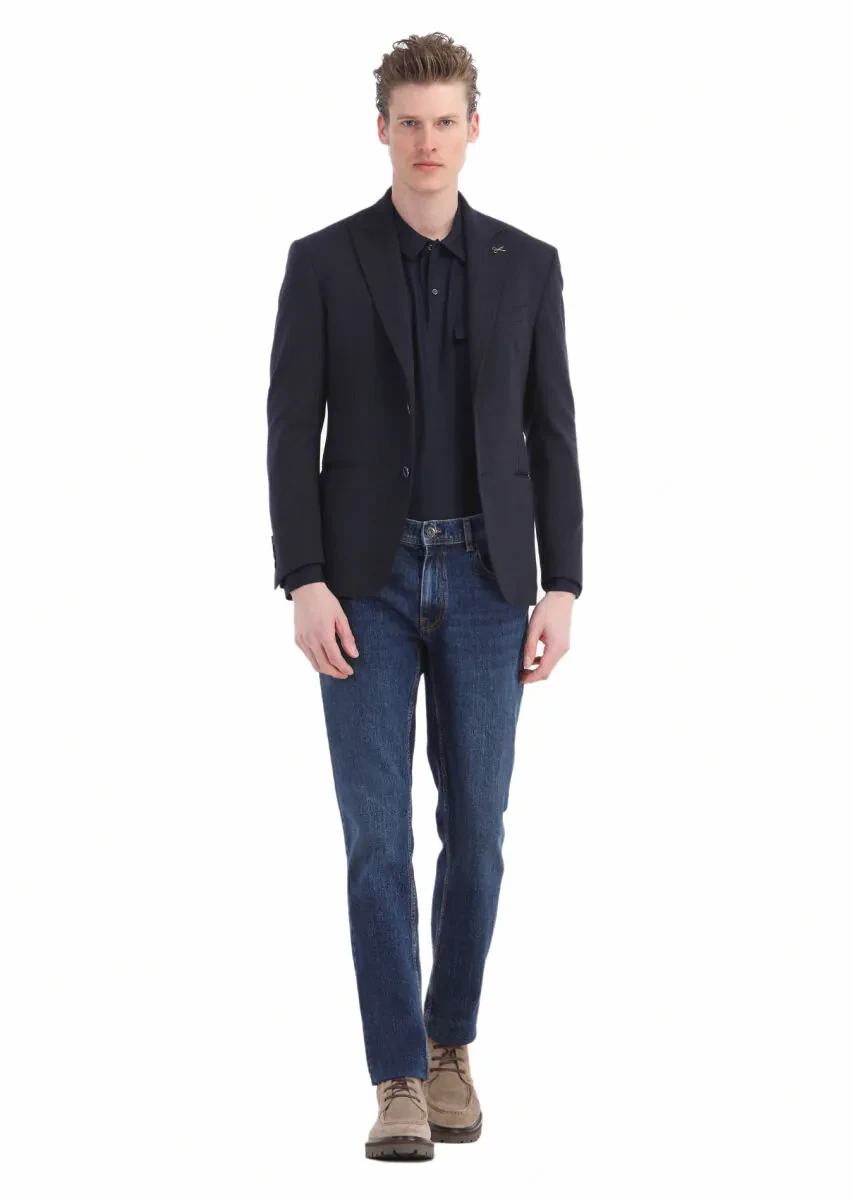 Navy Blue Regular Fit Denim 100% Cotton Trousers - 4