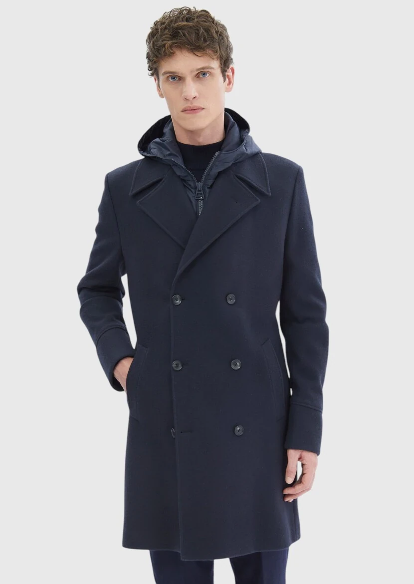 Navy Blue Regular Fit Double Breasted Collar Casual Knitting Overcoat - RAMSEY