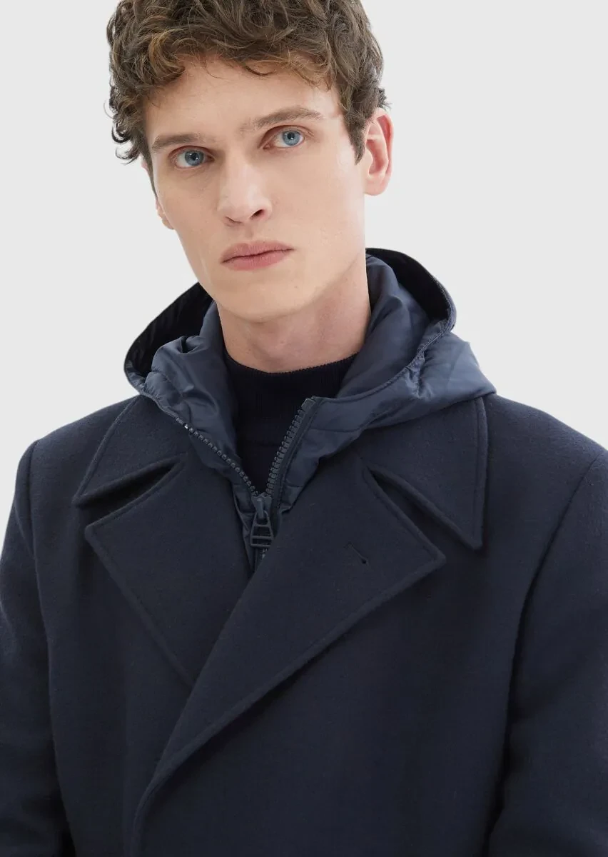 Navy Blue Regular Fit Double Breasted Collar Casual Knitting Overcoat - 5