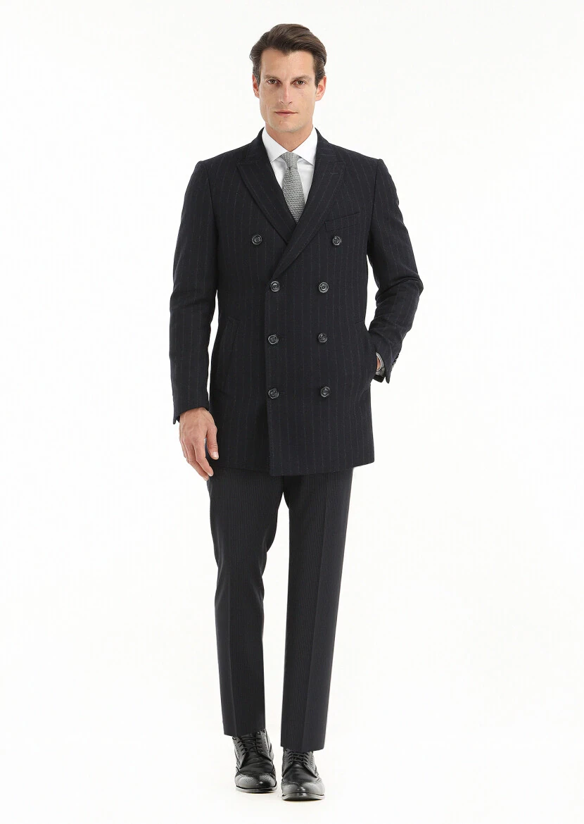 Navy Blue Regular Fit Double Breasted Collar Casual Weaving Coat - 1