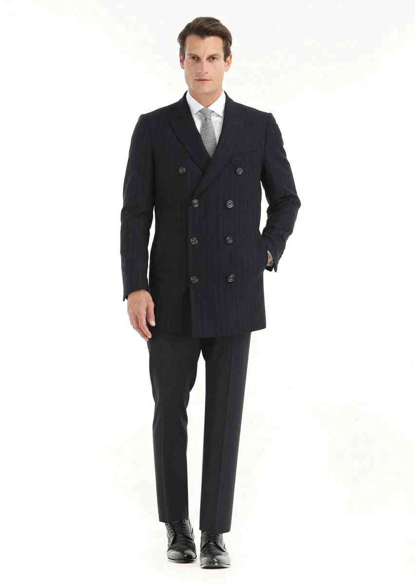 Navy Blue Regular Fit Double Breasted Collar Casual Weaving Coat - 1