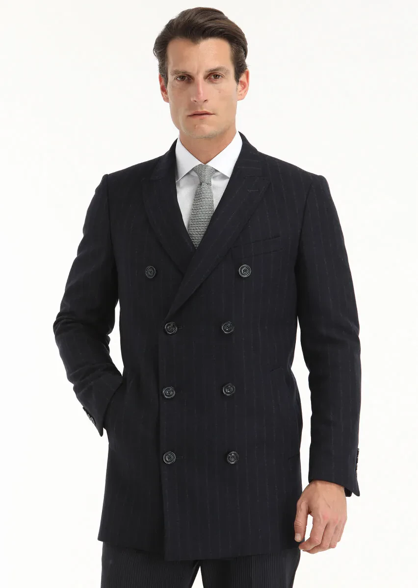 Navy Blue Regular Fit Double Breasted Collar Casual Weaving Coat - 2