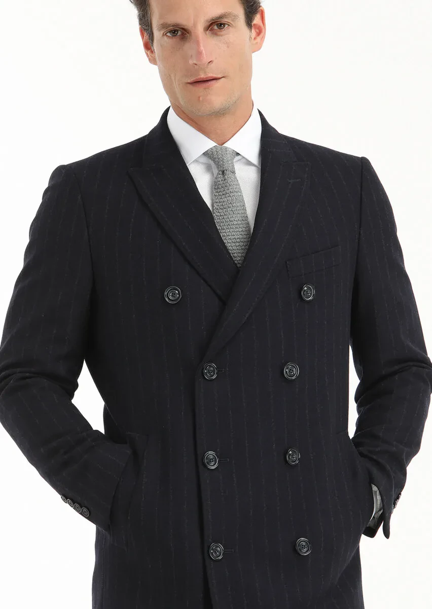 Navy Blue Regular Fit Double Breasted Collar Casual Weaving Coat - 3