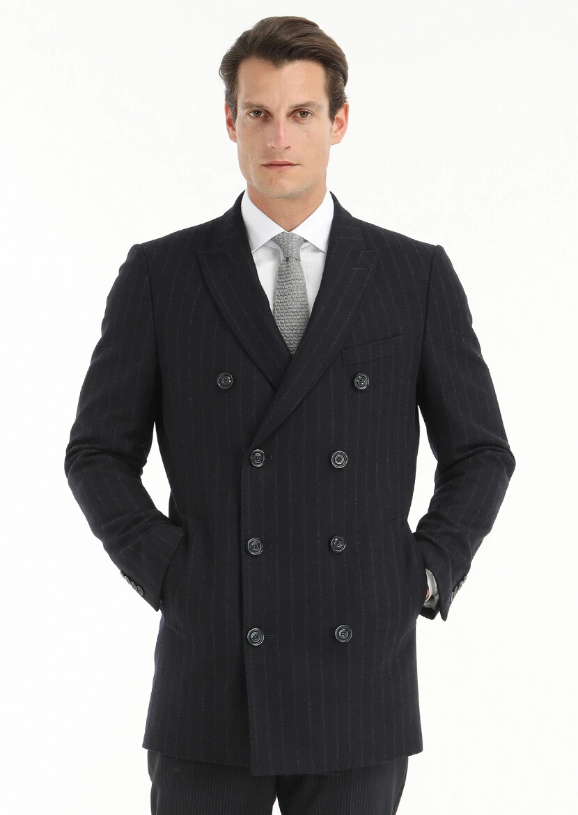 Navy Blue Regular Fit Double Breasted Collar Casual Weaving Coat - 4