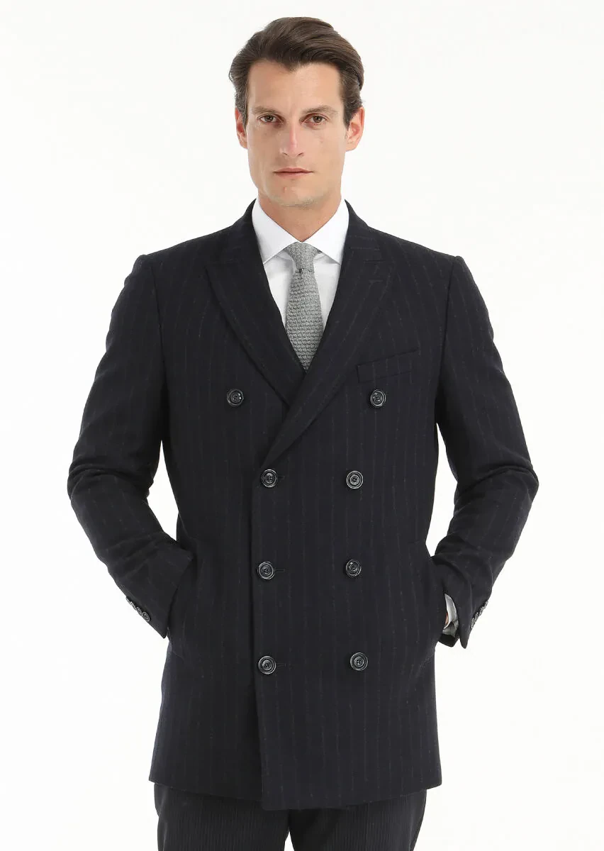 Navy Blue Regular Fit Double Breasted Collar Casual Weaving Coat - 4