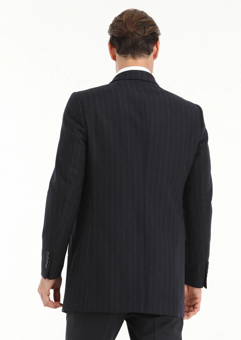 Navy Blue Regular Fit Double Breasted Collar Casual Weaving Coat - 5