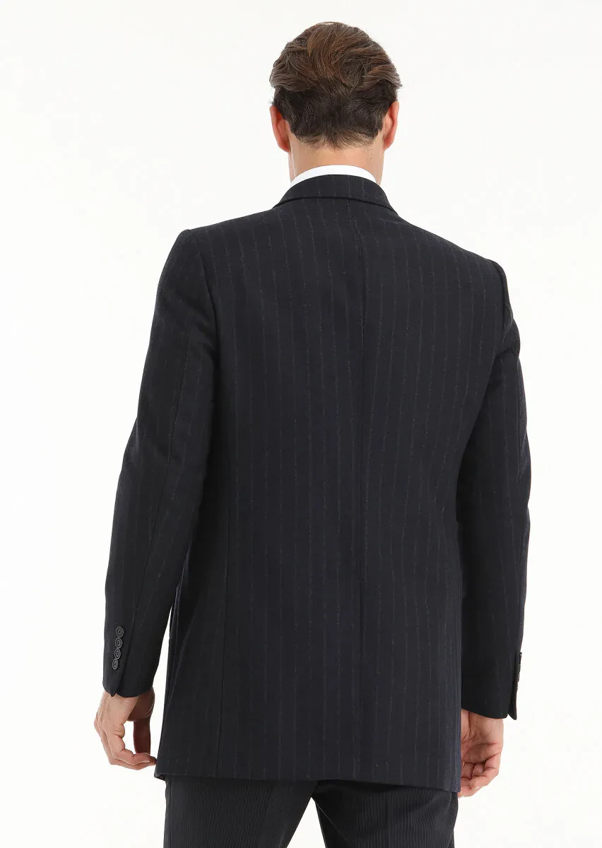 Navy Blue Regular Fit Double Breasted Collar Casual Weaving Coat - 5