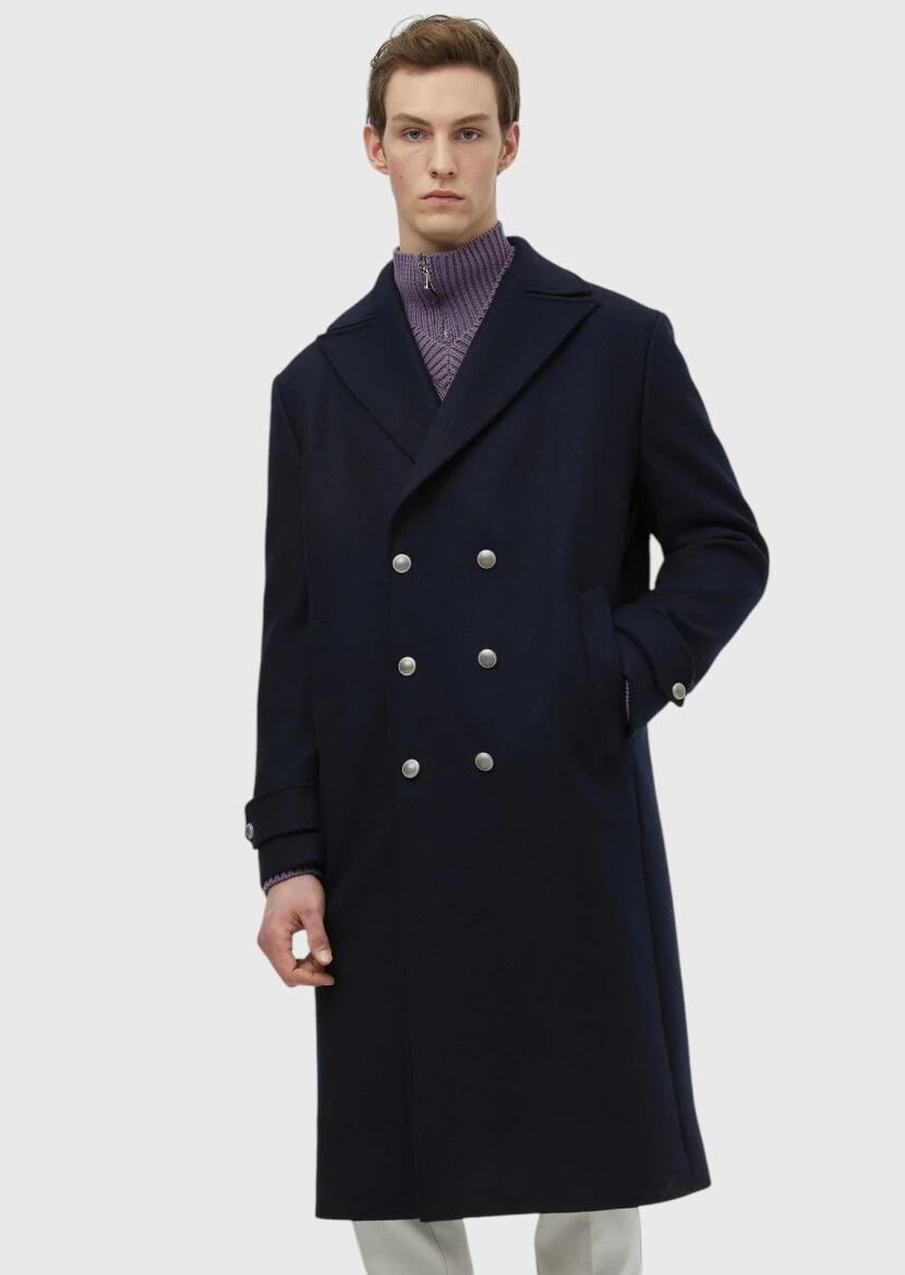 Navy Blue Regular Fit Double Breasted Collar Casual Weaving Overcoat - RAMSEY