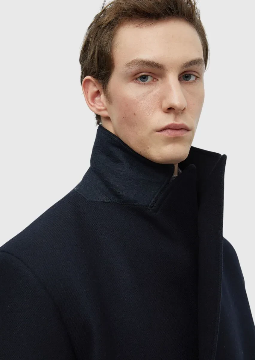 Navy Blue Regular Fit Double Breasted Collar Casual Weaving Overcoat - 4