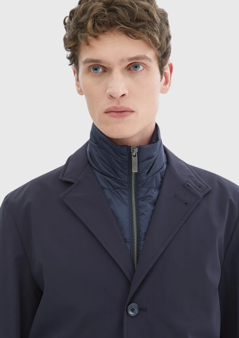 Navy Blue Regular Fit Double Breasted Collar Casual Weaving Rain Coat - 3