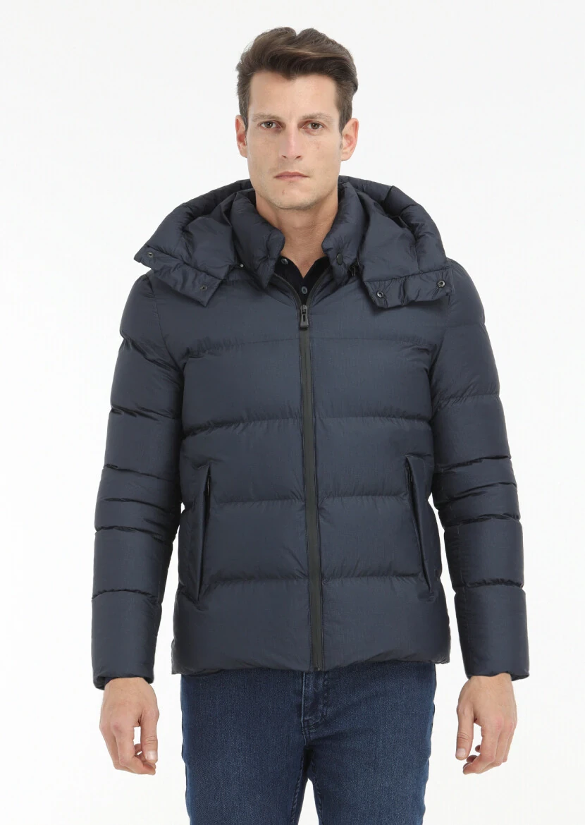 Navy Blue Regular Fit Hooded Casual Weaving Coat 