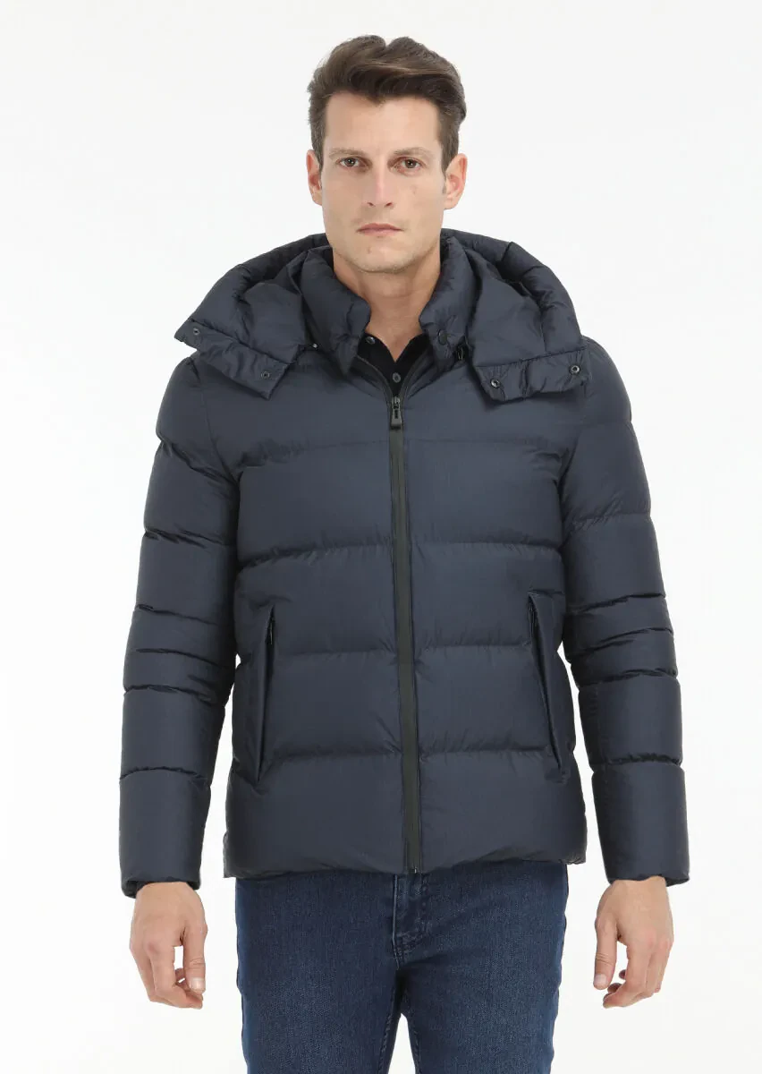 Navy Blue Regular Fit Hooded Casual Weaving Coat - 2