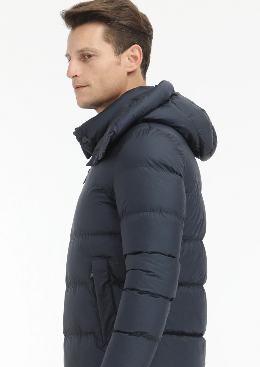 Navy Blue Regular Fit Hooded Casual Weaving Coat - 5