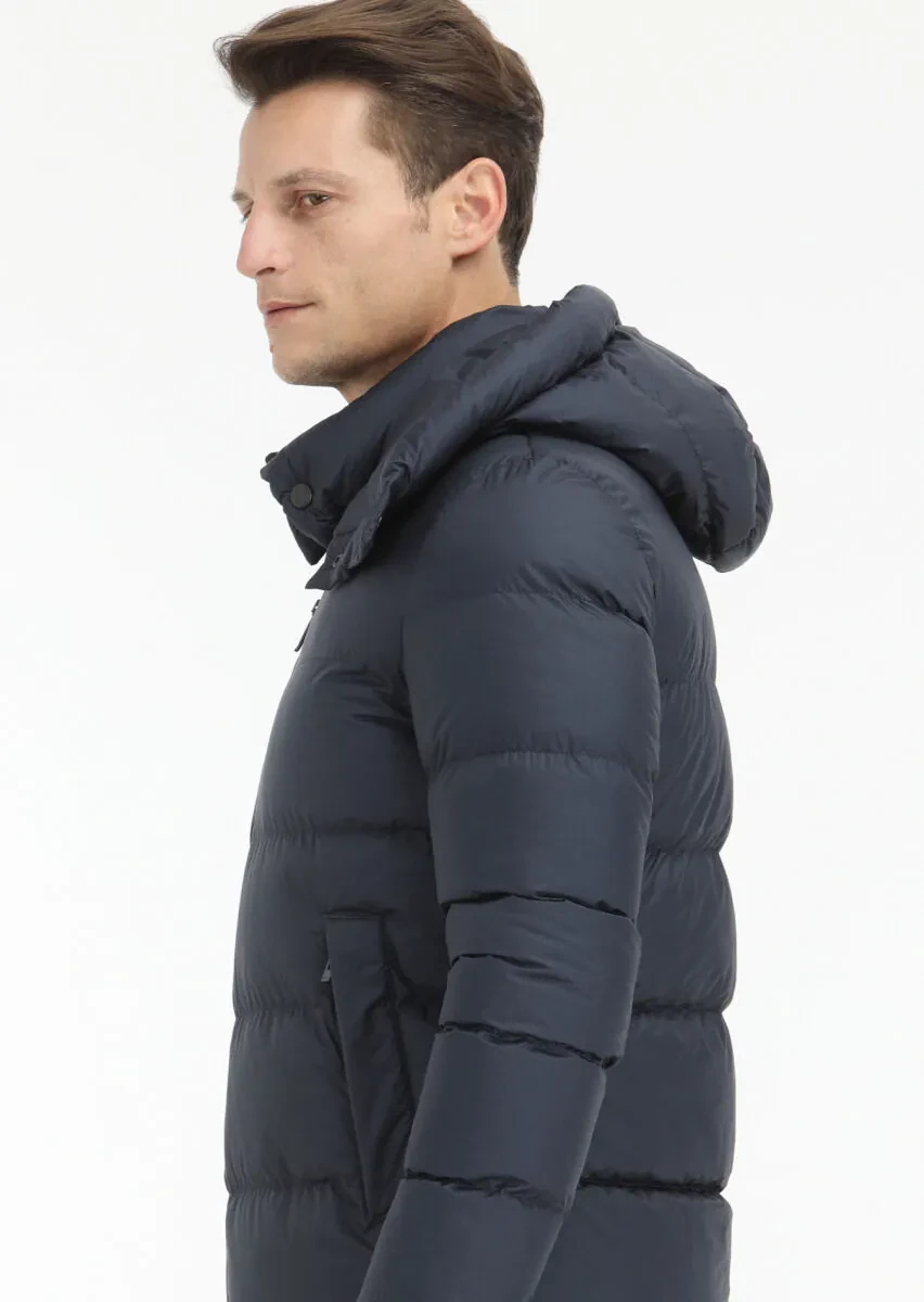 Navy Blue Regular Fit Hooded Casual Weaving Coat - 5