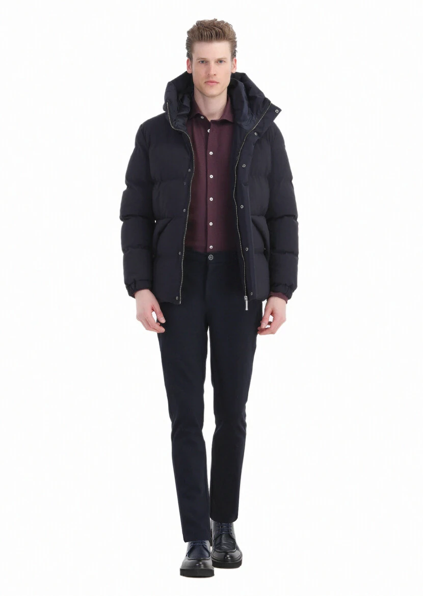 Navy Blue Regular Fit Hooded Casual Weaving Coat - RAMSEY