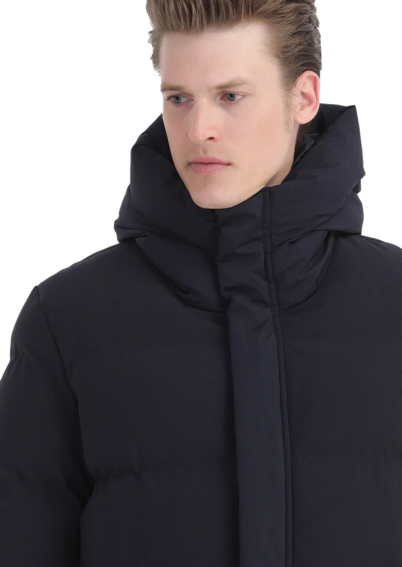 Navy Blue Regular Fit Hooded Casual Weaving Coat - 4