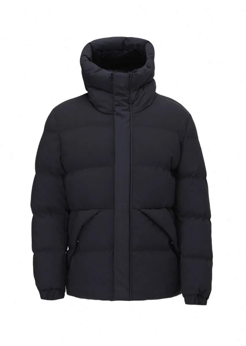 Navy Blue Regular Fit Hooded Casual Weaving Coat - 7