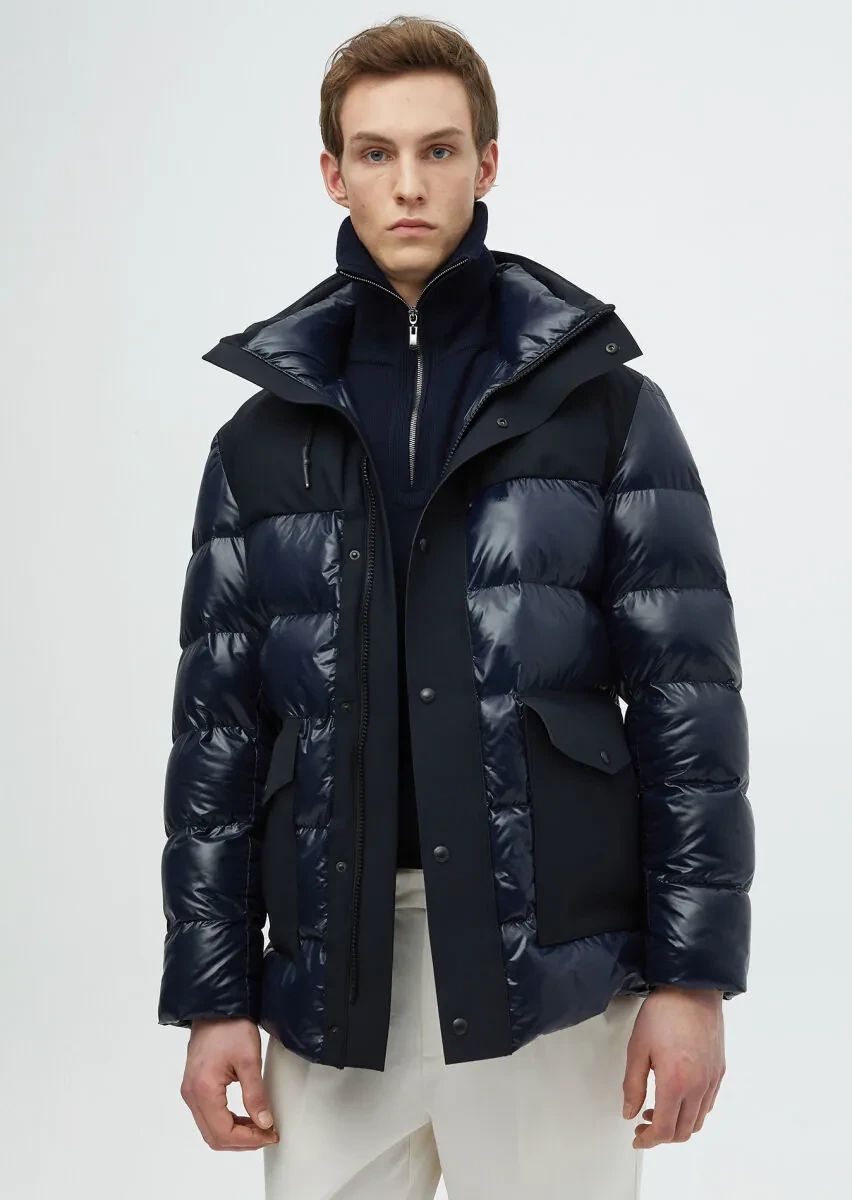 Navy Blue Regular Fit Hooded Casual Weaving Coat - 2