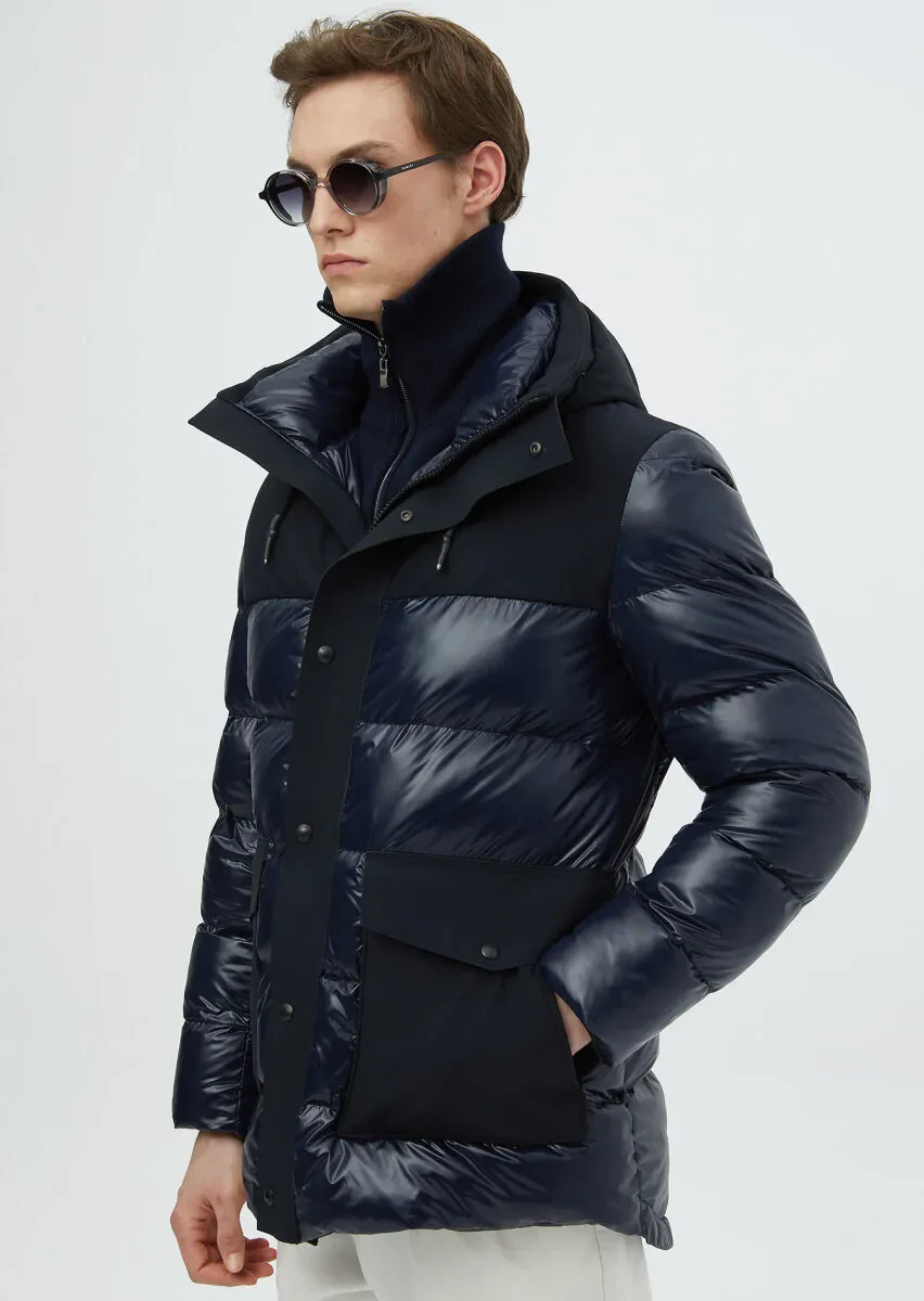 Navy Blue Regular Fit Hooded Casual Weaving Coat - 4