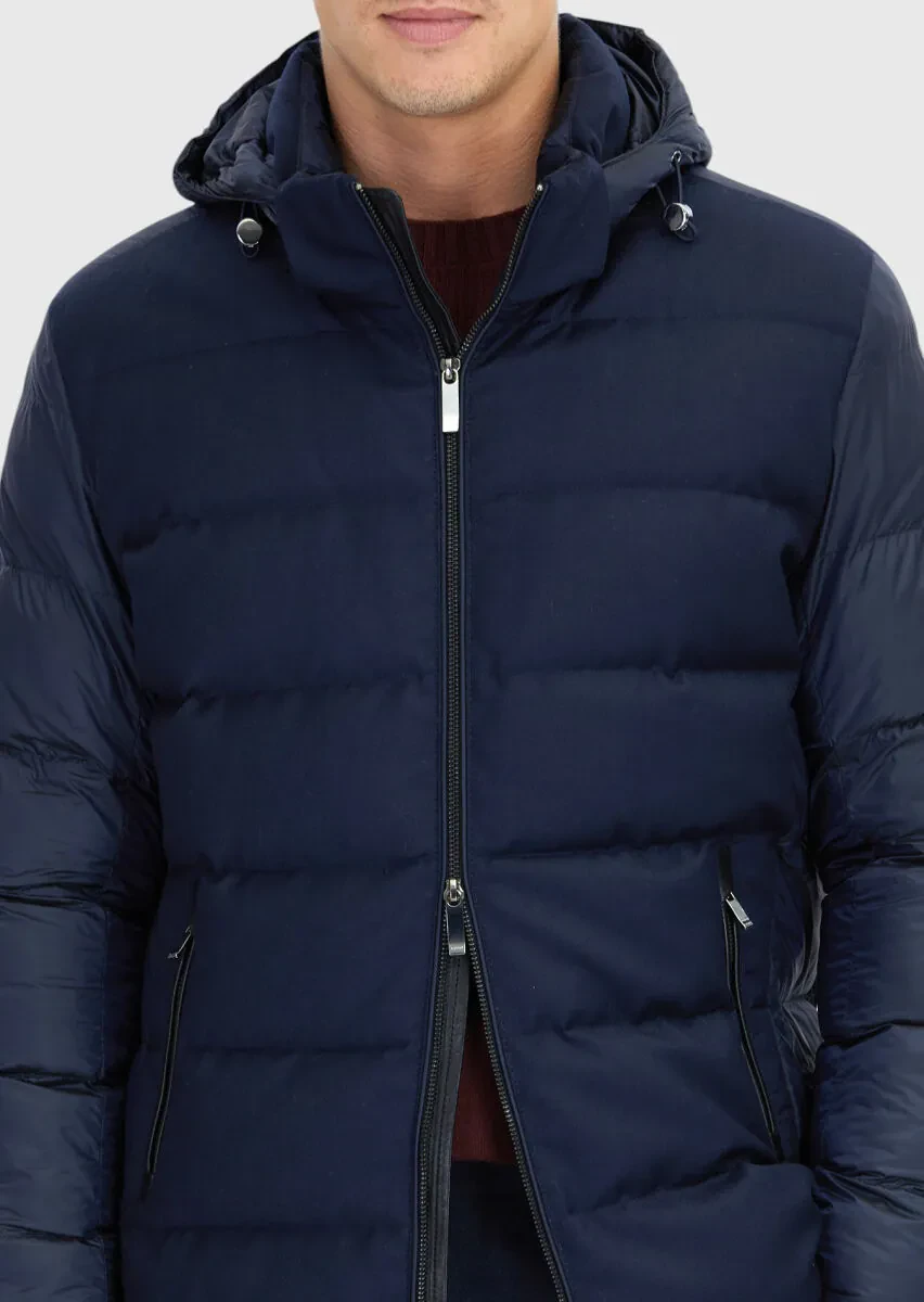 Navy Blue Regular Fit Hooded Casual Weaving Coat - 5