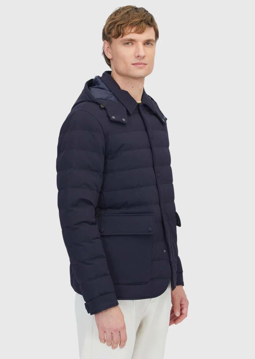 Navy Blue Regular Fit Hooded Casual Weaving Coat - 3