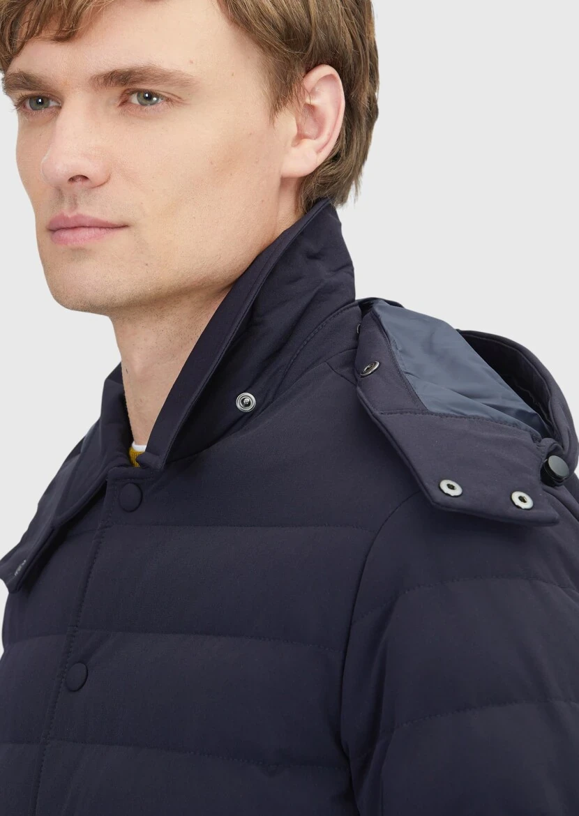 Navy Blue Regular Fit Hooded Casual Weaving Coat - 5