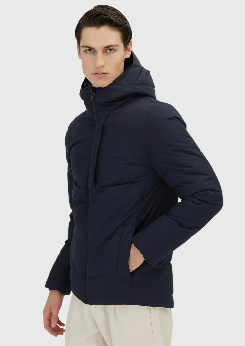 Navy Blue Regular Fit Hooded Casual Weaving Coat - RAMSEY