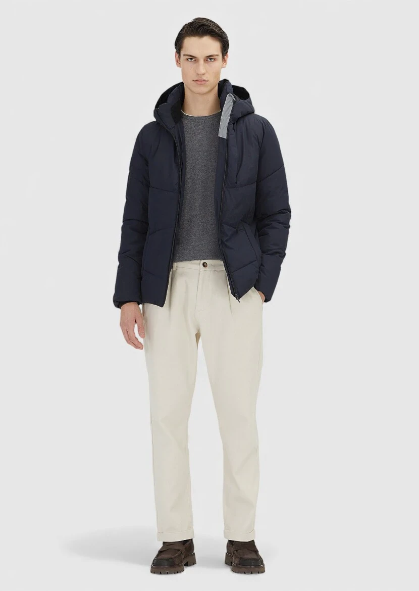 Navy Blue Regular Fit Hooded Casual Weaving Coat - RAMSEY