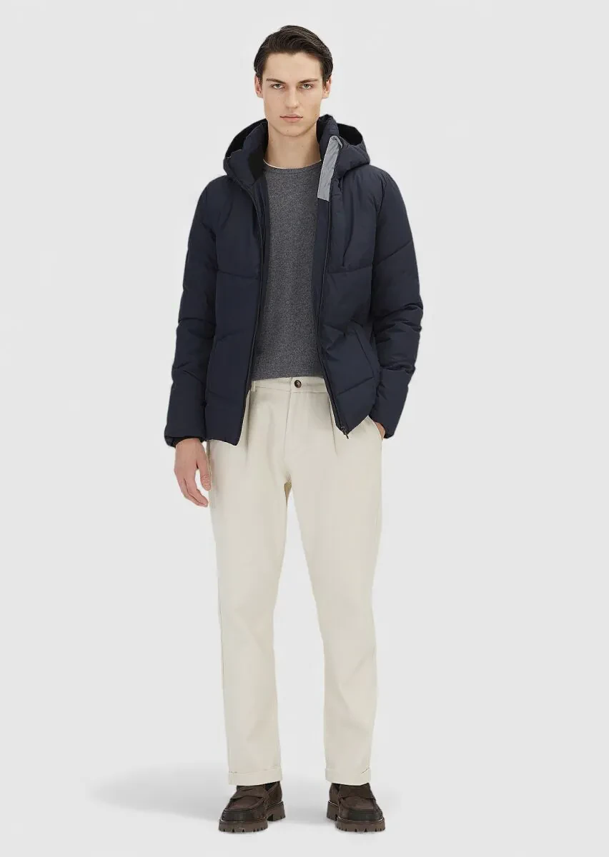 Navy Blue Regular Fit Hooded Casual Weaving Coat - 2