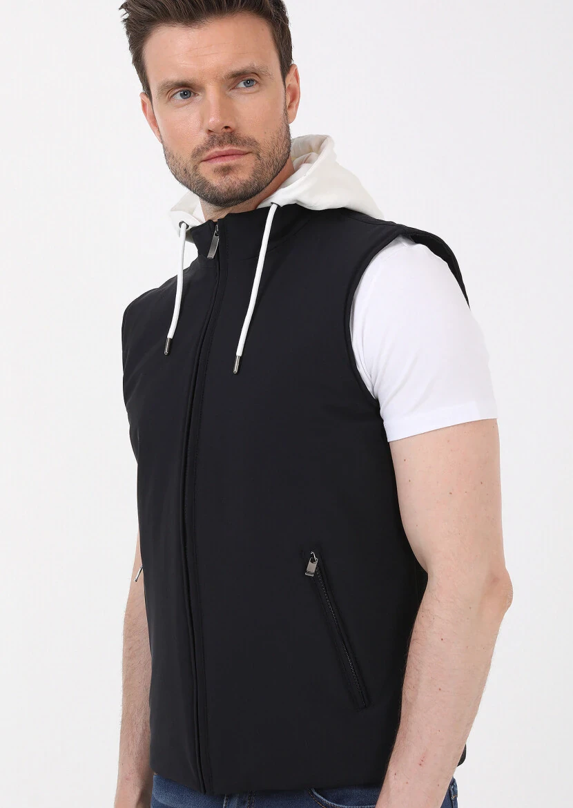 Navy Blue Regular Fit Hooded Casual Weaving Puffer Vest 