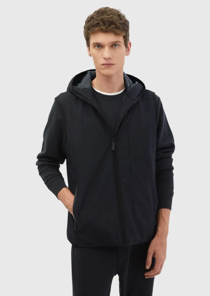 Navy Blue Regular Fit Hooded Casual Weaving Puffer Vest - 1