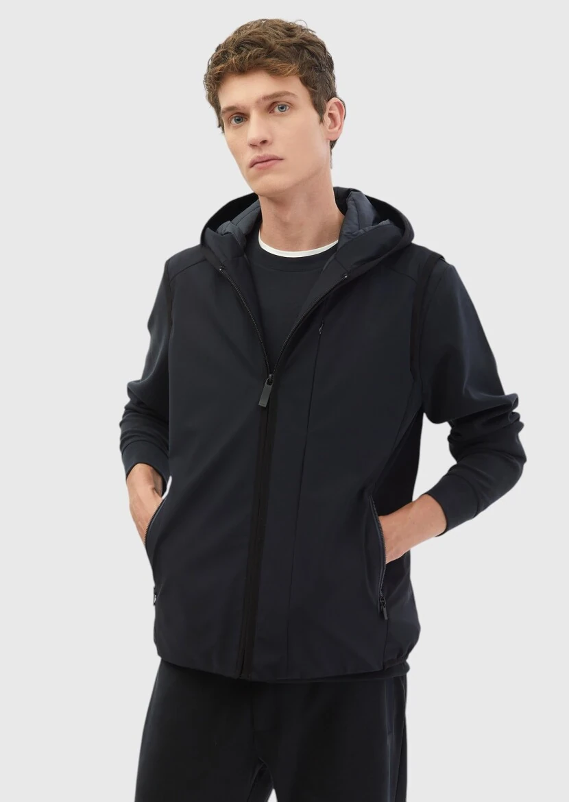 Navy Blue Regular Fit Hooded Casual Weaving Puffer Vest - 3