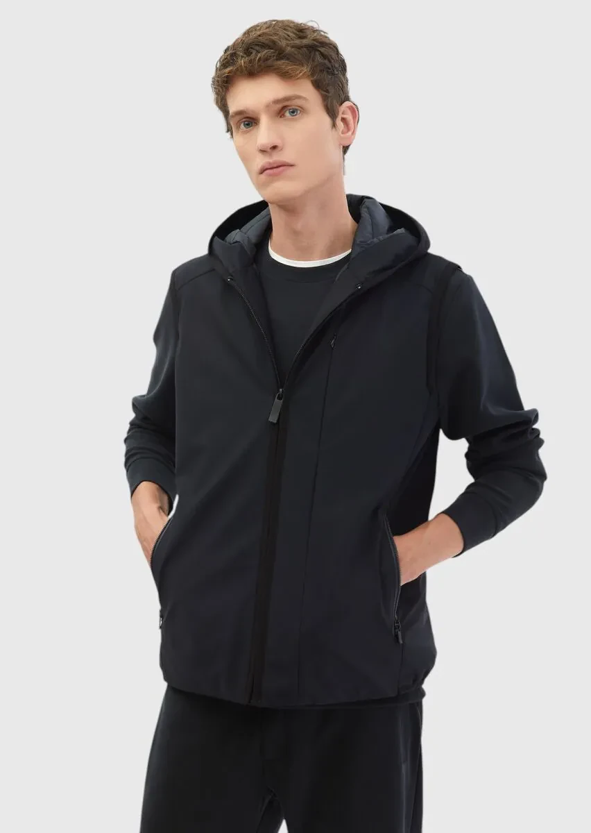 Navy Blue Regular Fit Hooded Casual Weaving Puffer Vest - 3