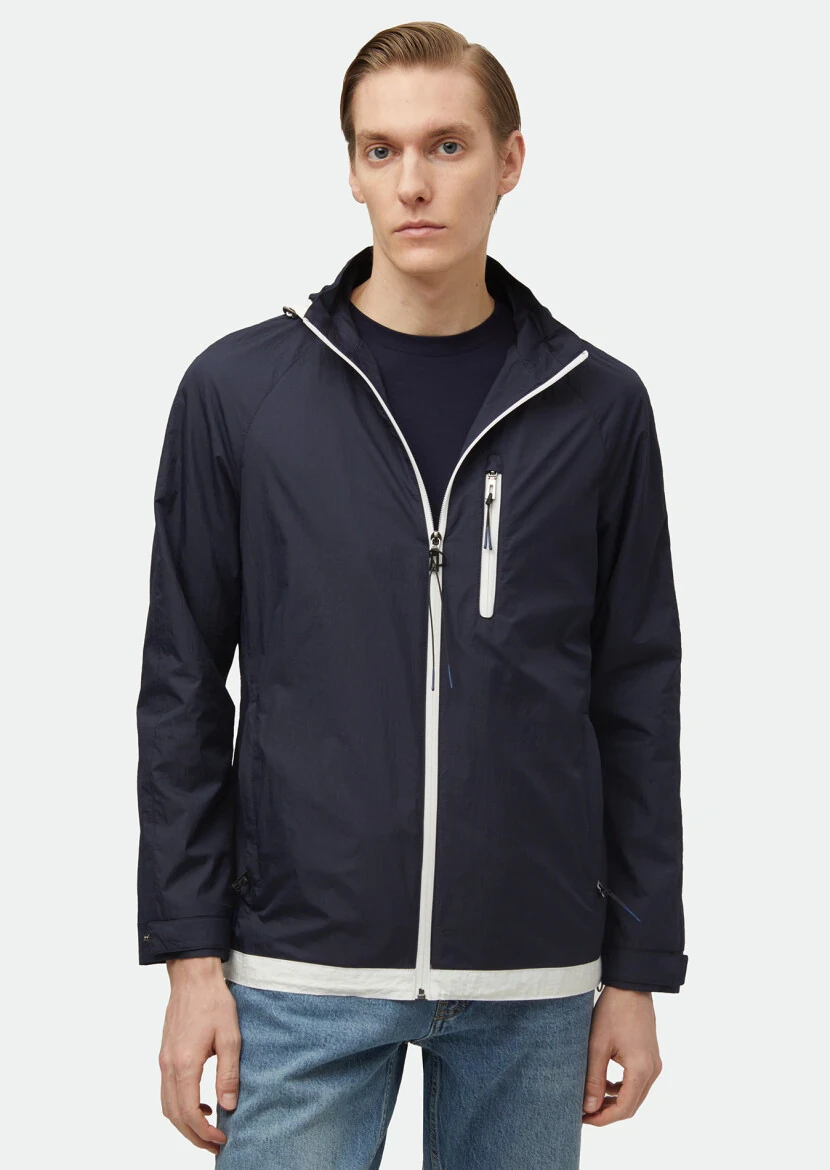 Navy Blue Regular Fit Hooded Denim Weaving Coat - 1