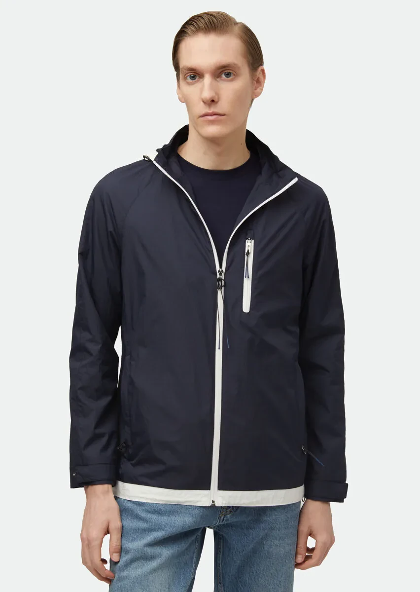 Navy Blue Regular Fit Hooded Denim Weaving Coat - 1