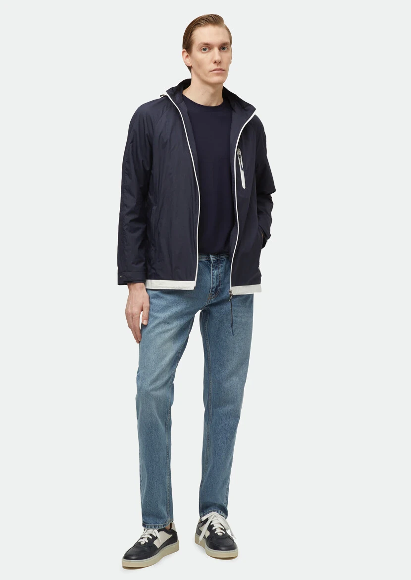 Navy Blue Regular Fit Hooded Denim Weaving Coat - 2