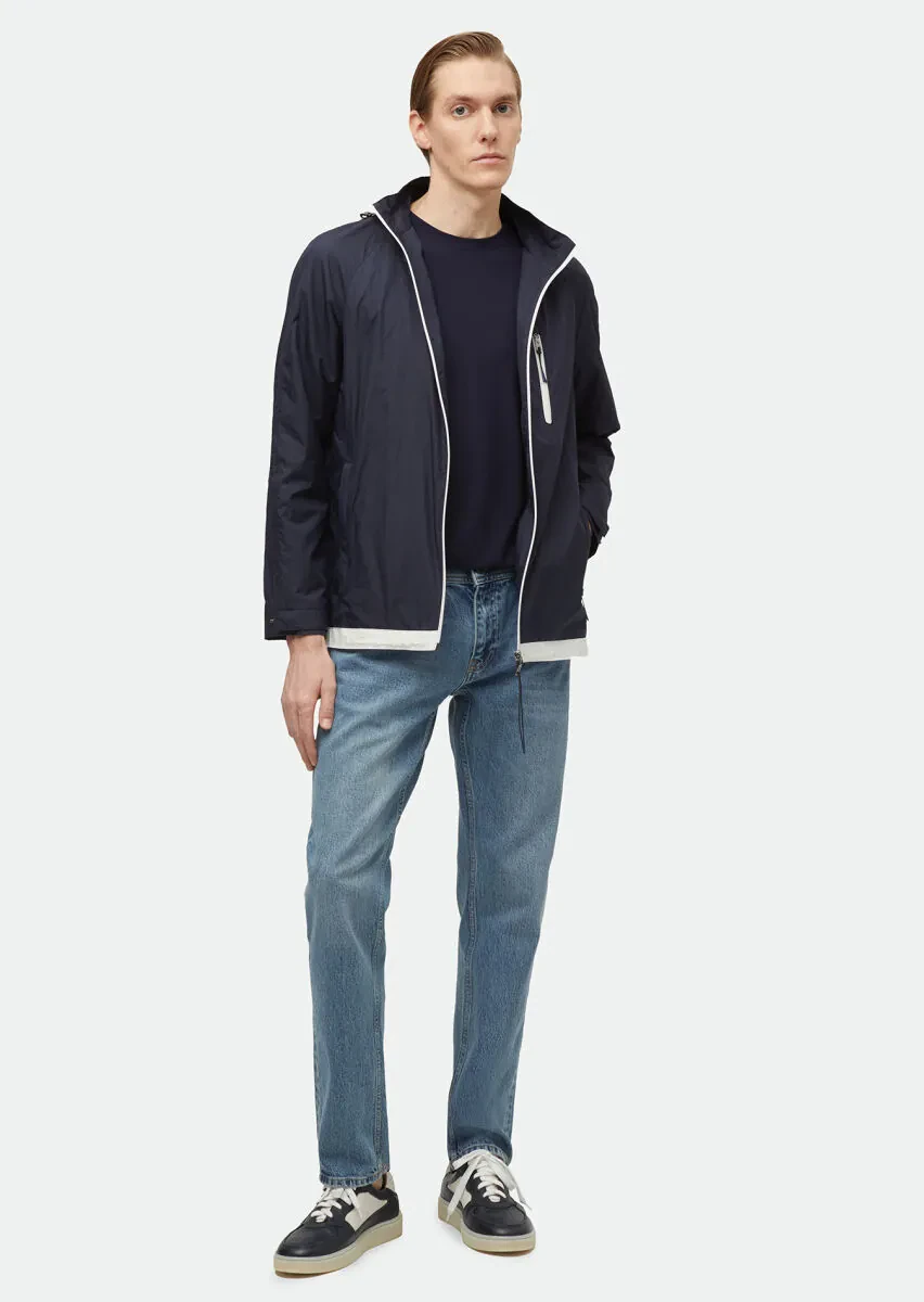 Navy Blue Regular Fit Hooded Denim Weaving Coat - 2