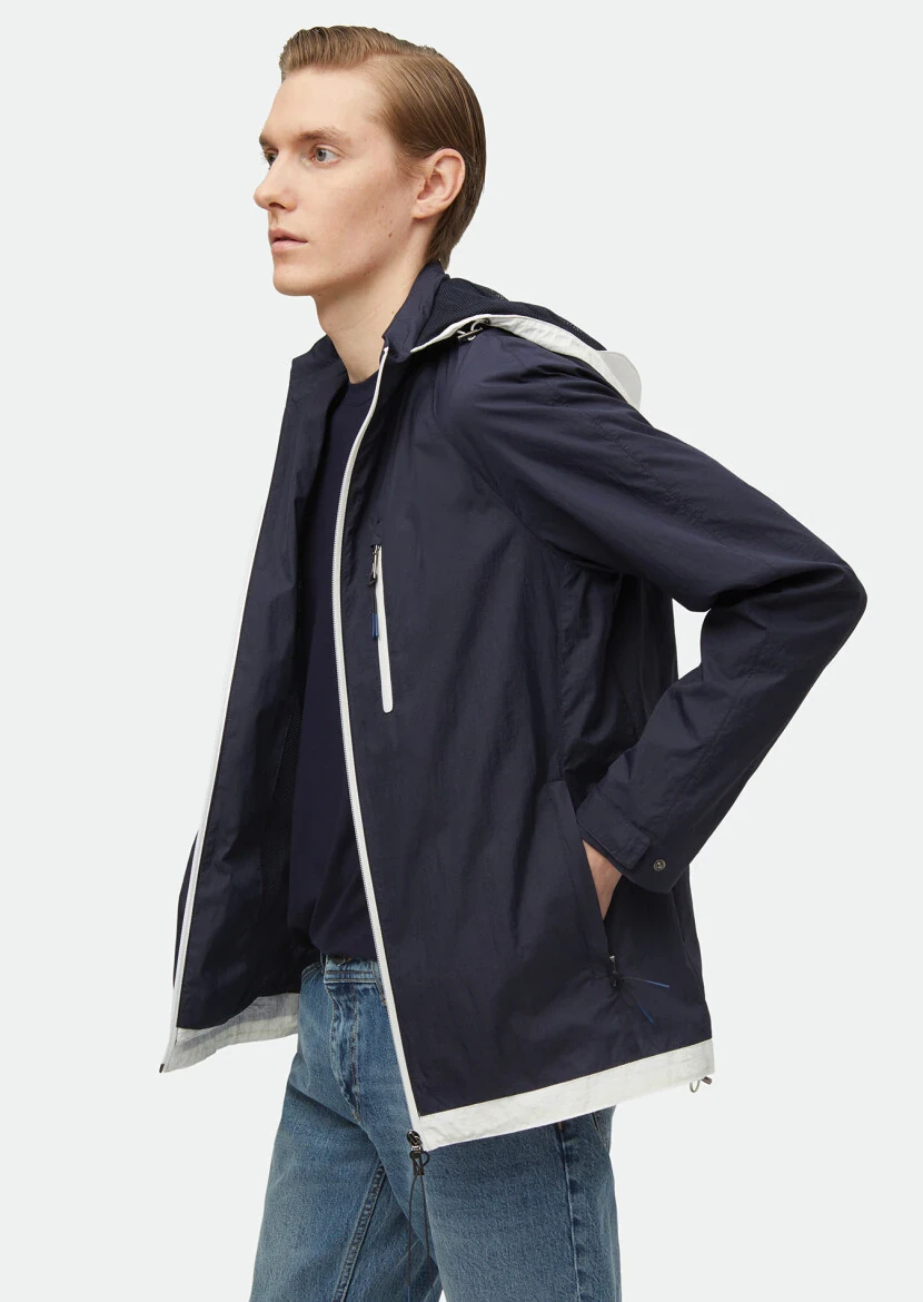 Navy Blue Regular Fit Hooded Denim Weaving Coat - 3