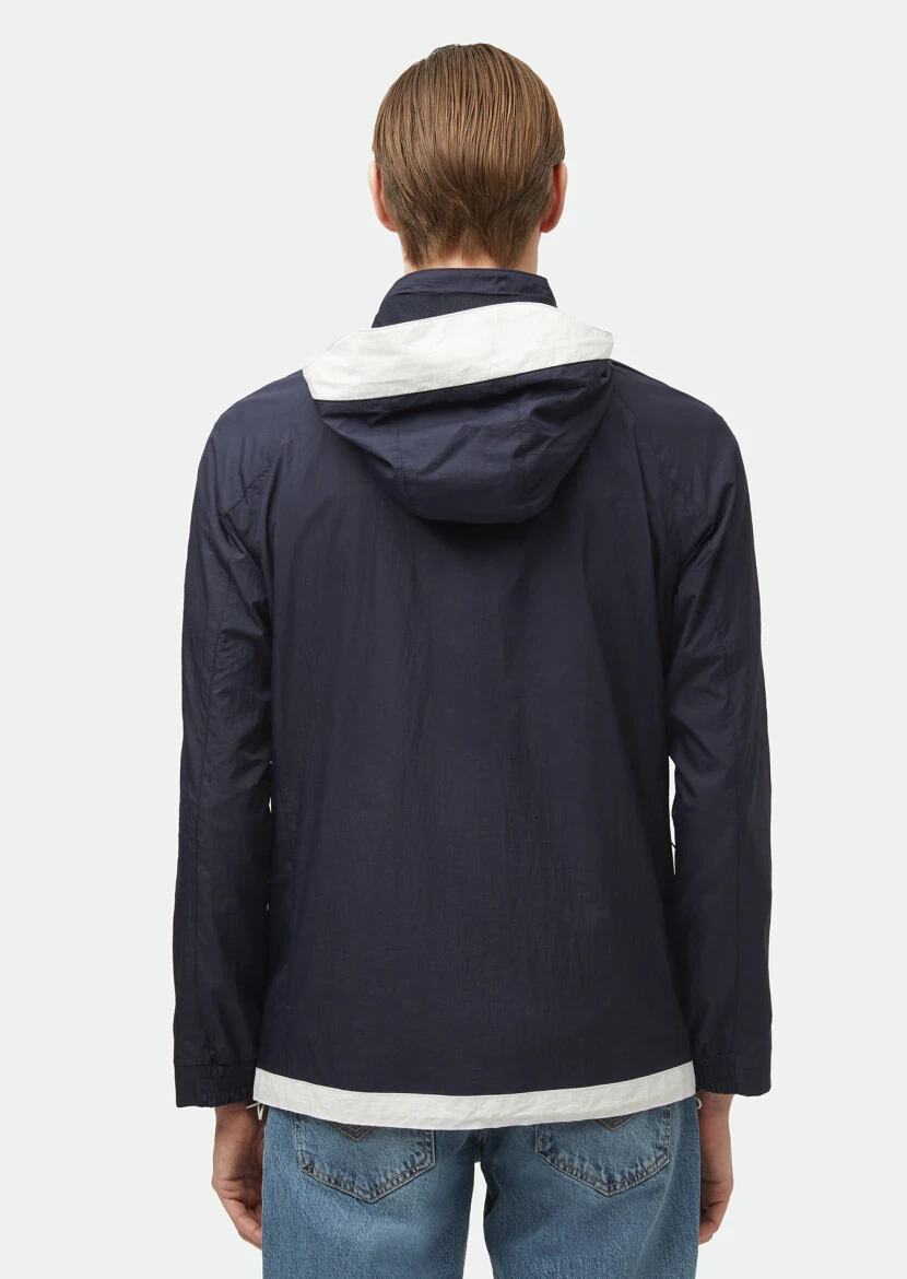 Navy Blue Regular Fit Hooded Denim Weaving Coat - 6