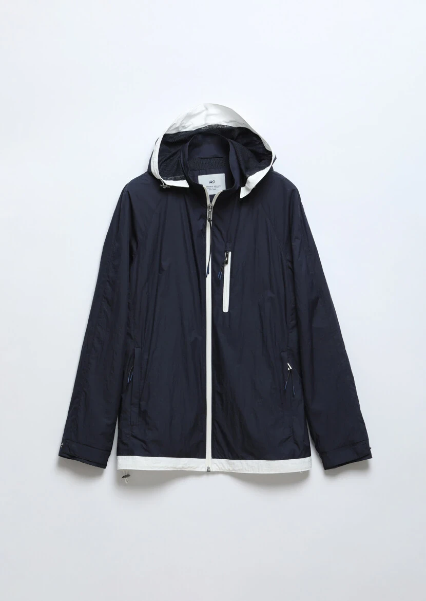 Navy Blue Regular Fit Hooded Denim Weaving Coat - 7