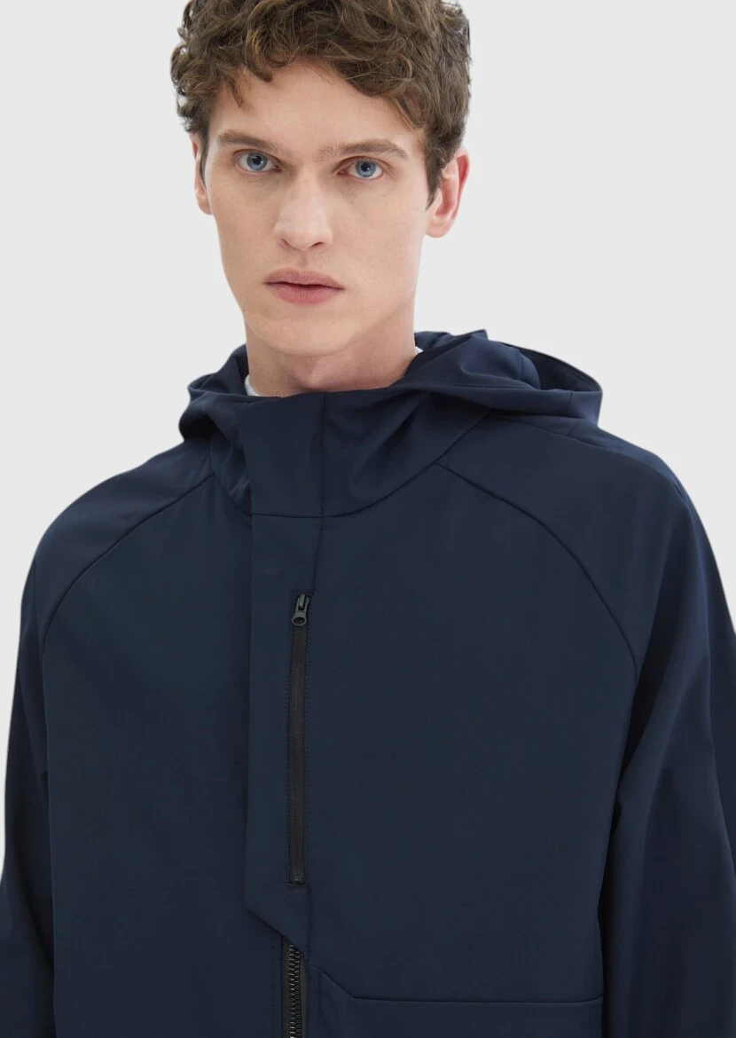 Navy Blue Regular Fit Hooded Denim Weaving Coat - 4