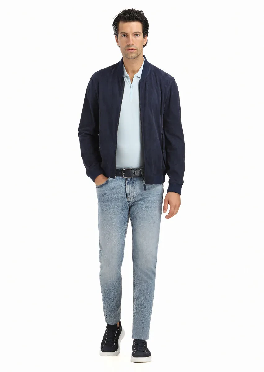 Navy Blue Regular Fit Mandarin Collar Casual Suede Leather Coat - 1